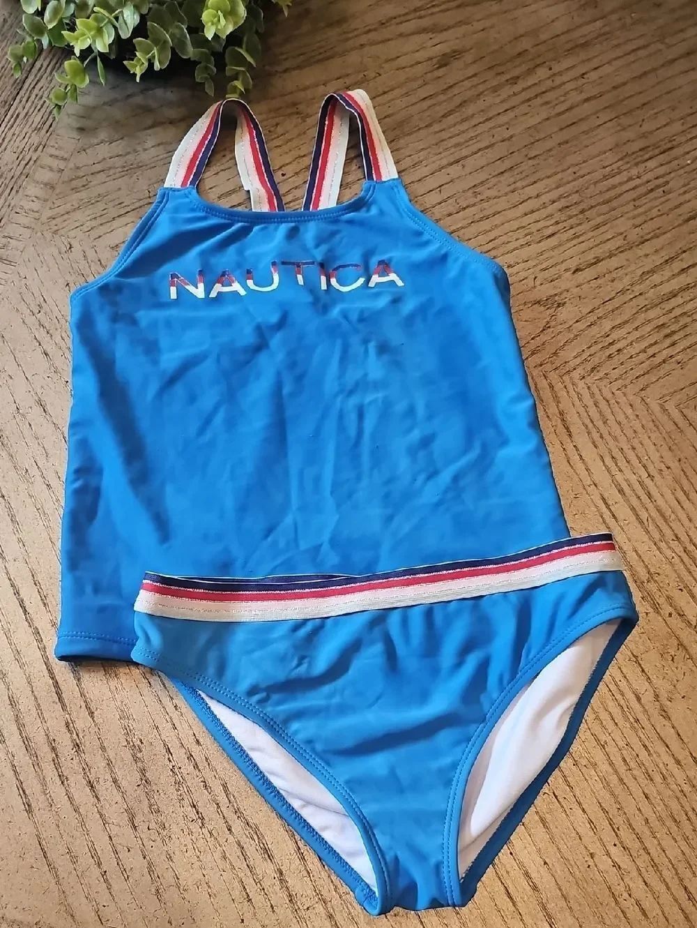Nautica Girls Blue Two-Piece Tankini with Red & White Striped Trim Size L 12/14